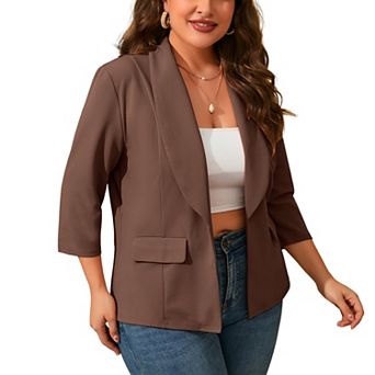 Women Plus Size Open Front Shawl Collar Blazer 3/4 Sleeve Lightweight Business Casual Suit Jacket