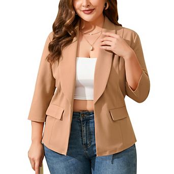 Women Plus Size Open Front Shawl Collar Blazer 3/4 Sleeve Lightweight Business Casual Suit Jacket