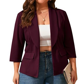 Women Plus Size Open Front Shawl Collar Blazer 3/4 Sleeve Lightweight Business Casual Suit Jacket