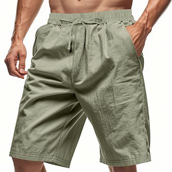 Men's Linen Casual Knee Length Shorts Elastic Drawstring Waist Side Pockets Summer Walk Shorts
