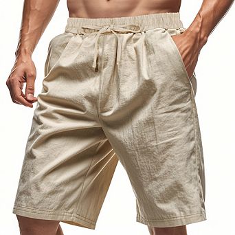 Men's Linen Casual Knee Length Shorts Elastic Drawstring Waist Side Pockets Summer Walk Shorts