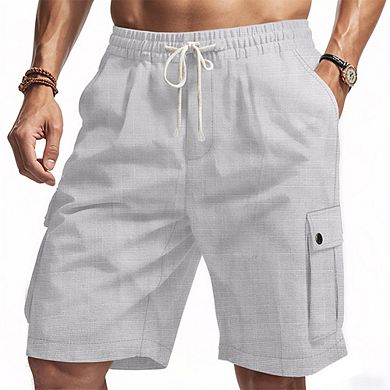 Men's Linen Blend Cargo Shorts Elastic Drawstring Waist Multi Pocket Casual Summer Walk Shorts