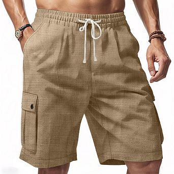 Men's Linen Blend Cargo Shorts Elastic Drawstring Waist Multi Pocket Casual Summer Walk Shorts