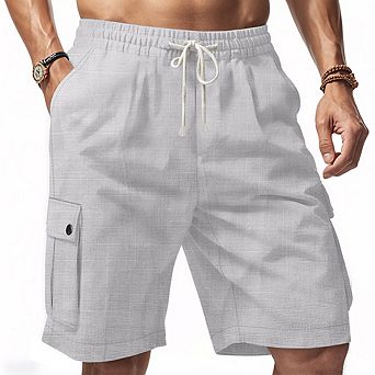 Men's Linen Blend Cargo Shorts Elastic Drawstring Waist Multi Pocket Casual Summer Walk Shorts