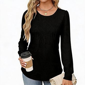 Women Round Neck Pleated Front Puff Long Sleeve Shirt Hem Loose Casual Blouse Shirt