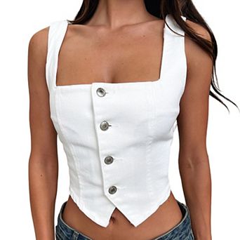 Women's Summer Cropped Top Denim Vest Sleeveless Button Down Jean Vest Casual Outfits