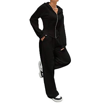 Womens 2 pc Set Zip Up Hooded Sweater with Wide Leg Pants Fit Casual Long Sleeve Outfits