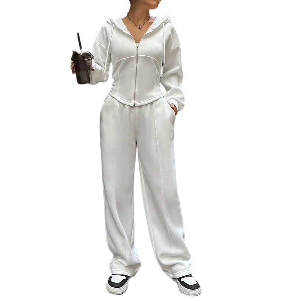 Womens 2 Piece Set Zip Up Hooded Sweater with Wide Leg Pants Fit
