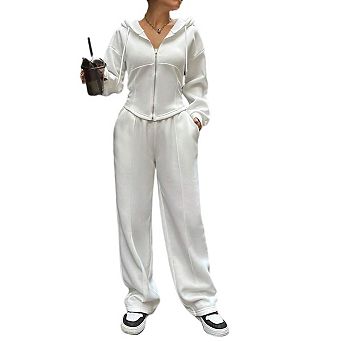 Womens 2 pc Set Zip Up Hooded Sweater with Wide Leg Pants Fit Casual Long Sleeve Outfits