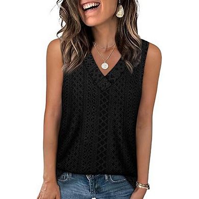 Women Solid V Neck Sleeveless Tank Tops Loose Fit Eyelet Texture Casual Basic Layering Shirts