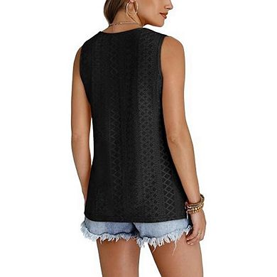 Women Solid V Neck Sleeveless Tank Tops Loose Fit Eyelet Texture Casual Basic Layering Shirts