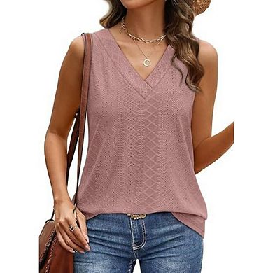 Women Solid V Neck Sleeveless Tank Tops Loose Fit Eyelet Texture Casual Basic Layering Shirts