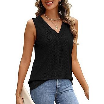 Women Solid V Neck Sleeveless Tank Tops Loose Fit Eyelet Texture Casual Basic Layering Shirts
