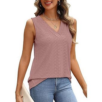 Women Solid V Neck Sleeveless Tank Tops Loose Fit Eyelet Texture Casual Basic Layering Shirts