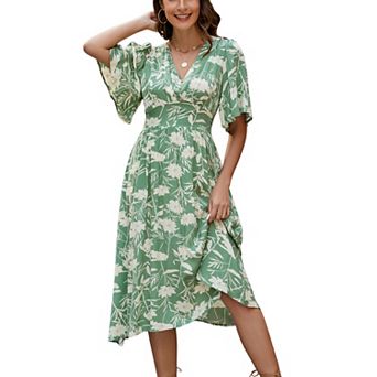 Women Floral Print V-Neck Midi Dress with Flutter Sleeves and Elastic Waist