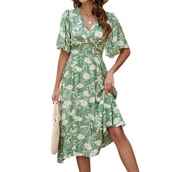 Women's Floral Print Midi Dress, V Neck Flutter Short Sleeve Elastic Waist Flowy A Line Long Dress