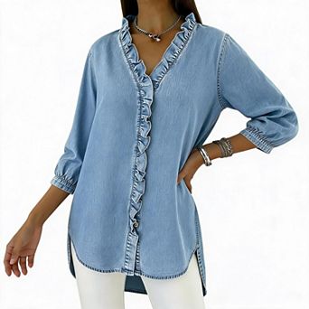 Women V Neck Ruffle Trim Shirt 3/4 Puff Sleeve Side Split Loose Casual Denim Look Blouse