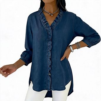 Women V Neck Ruffle Trim Shirt 3/4 Puff Sleeve Side Split Loose Casual Denim Look Blouse