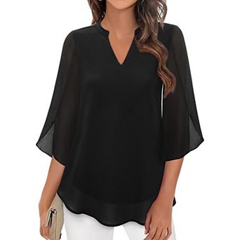 Womens V Neck Chiffon Blouse Double Layer Flowy Petal 3/4 Sleeve Loose Casual Blouses