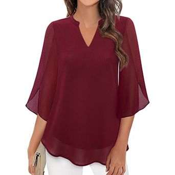 Womens V Neck Chiffon Blouse Double Layer Flowy Petal 3/4 Sleeve Loose Casual Blouses