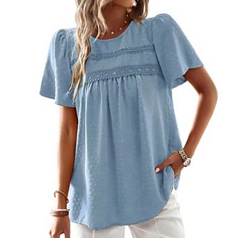 Women Round Neck Puff Short Sleeve Blouse Eyelet Lace Loose Casual Shirt