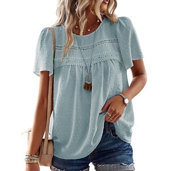 Women Round Neck Puff Short Sleeve Blouse Eyelet Lace Loose Casual Shirt