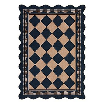 Washable Easy Jute Area Rug Low Pile Non-Slip Indoor Outdoor Scalloped Bordered Carpet