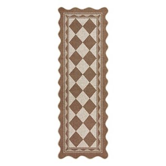Washable Easy Jute Area Rug Low Pile Non-Slip Indoor Outdoor Scalloped Bordered Carpet