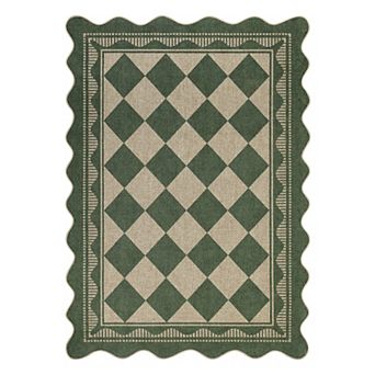 Washable Easy Jute Area Rug Low Pile Non-Slip Indoor Outdoor Scalloped Bordered Carpet