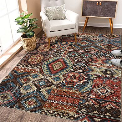 Washable Vintage Patchwork Rug Non Slip Rug Throw Floor Cover Foldable Carpet