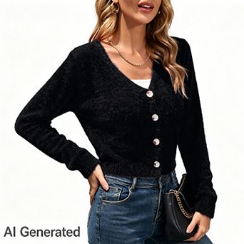 Women's Open Front Cropped Cardigan v Neck Long Sleeve Soft Knit Rib Bolero Shrugs Sweater