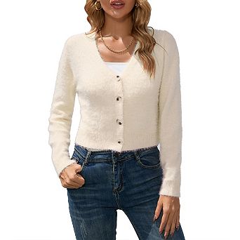 Women's Open Front Cropped Cardigan v Neck Long Sleeve Soft Knit Rib Bolero Shrugs Sweater