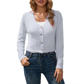 Women's Open Front Cropped Cardigan v Neck Long Sleeve Soft Knit Rib Bolero Shrugs Sweater