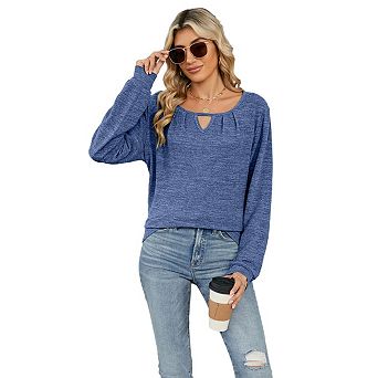 Women's Long Sleeve Spring Fall Top Round Neck Keyhole Loose Fit Casual Knit Tunic Shirt