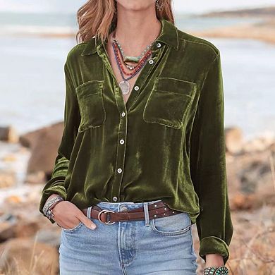 Womens Velvet Shirts Long Sleeve Button Down Casual Blouses Tops