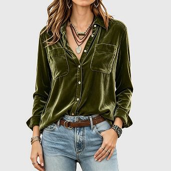 Womens Velvet Shirts Long Sleeve Button Down Casual Blouses Tops