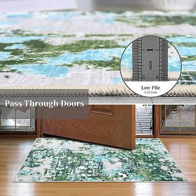 Modern Abstract Painterly Washable Area Rug Ultra Thin Low-Pile Stain Resistant Soft Carpet