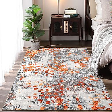 Modern Abstract Painterly Washable Area Rug Ultra Thin Low-Pile Stain Resistant Soft Carpet