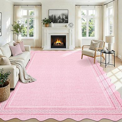 Solid Scalloped-Edge Machine Washable Area Rug Foldable Soft Low-Pile Wear-Resistant Carpet