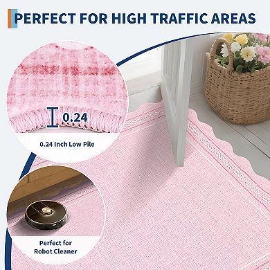 Solid Scalloped-Edge Machine Washable Area Rug Foldable Soft Low-Pile Wear-Resistant Carpet