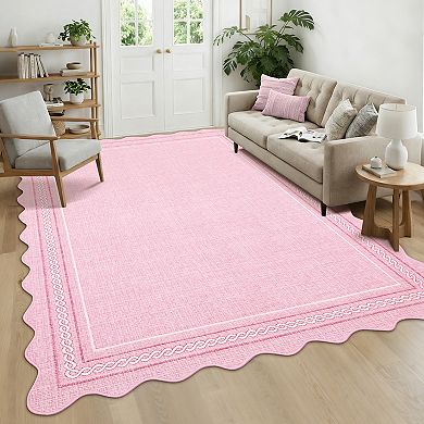 Solid Scalloped-Edge Machine Washable Area Rug Foldable Soft Low-Pile Wear-Resistant Carpet