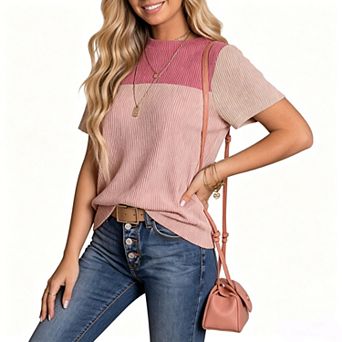 Women's Crew Neck Color Block Vertical Rib Knit Short Sleeve Casual Top