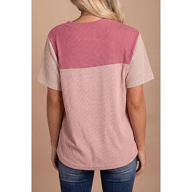Women's Crew Neck Color Block Vertical Rib Knit Short Sleeve Casual Top