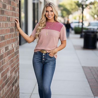 Women's Crew Neck Color Block Vertical Rib Knit Short Sleeve Casual Top