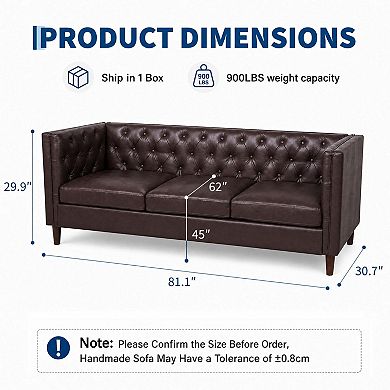 81" Modern Leather Couch for Living Room, with Deep Seat, Handmade Button Tufted Sofa,3 Seat Couch