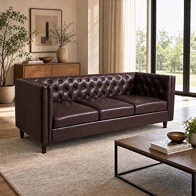 81" Modern Leather Couch for Living Room, with Deep Seat, Handmade Button Tufted Sofa,3 Seat Couch