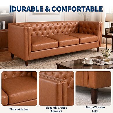81" Modern Leather Couch for Living Room, with Deep Seat, Handmade Button Tufted Sofa,3 Seat Couch