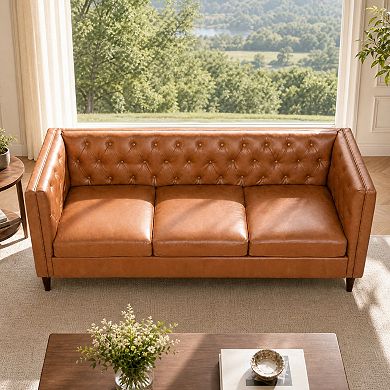 81" Modern Leather Couch for Living Room, with Deep Seat, Handmade Button Tufted Sofa,3 Seat Couch