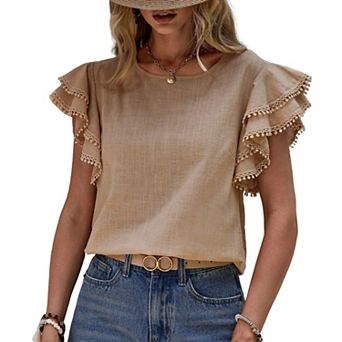 Women Round Neck Ruffle Batwing Sleeve Blouse Loose Casual Vacation Summer Shirt