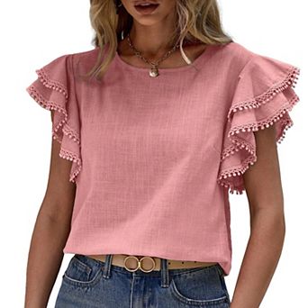 Women Round Neck Ruffle Batwing Sleeve Blouse Loose Casual Vacation Summer Shirt